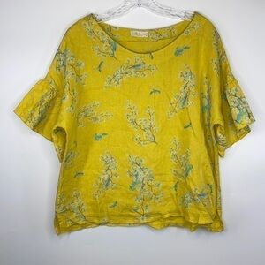 Bellambra Yellow Linen Ruffle Sleeve Floral Blouse